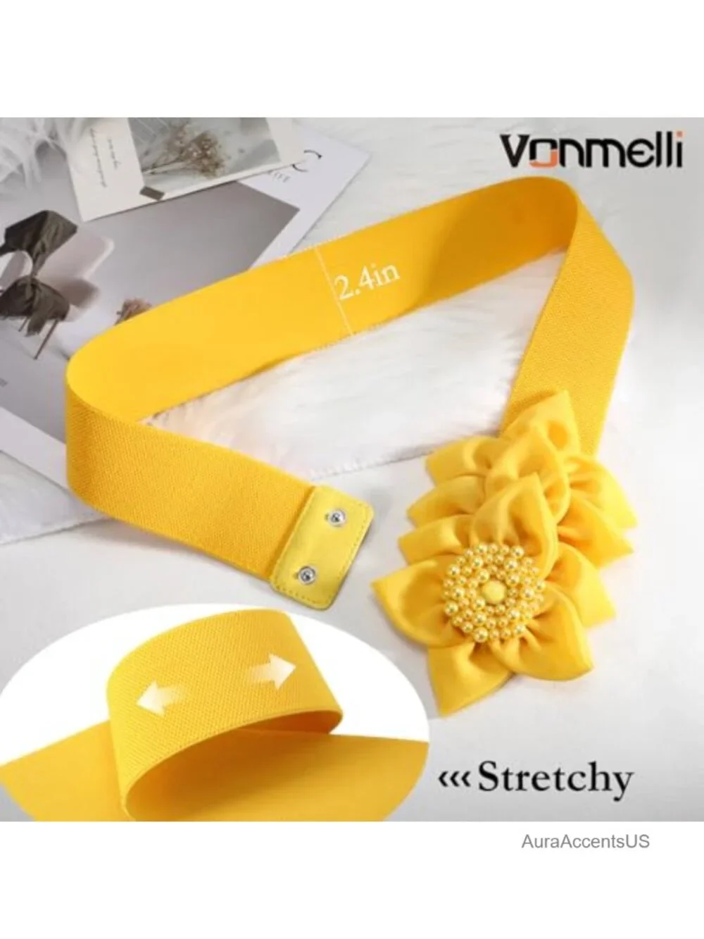 Wide Elastic Stretch Belt with Flower Pearl Decor Snap Closure